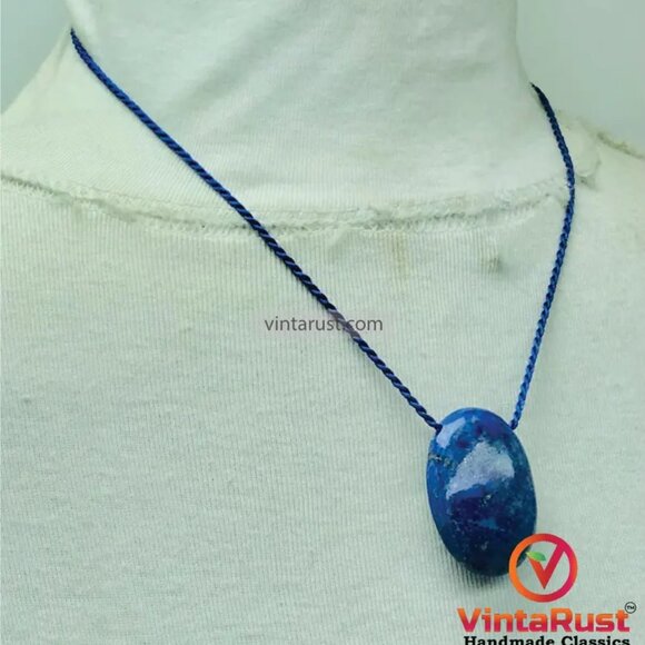Lapis Lazuli Pendant Necklace, Gemstone Oval Shape Necklace Natural Good Quality - Picture 3 of 11